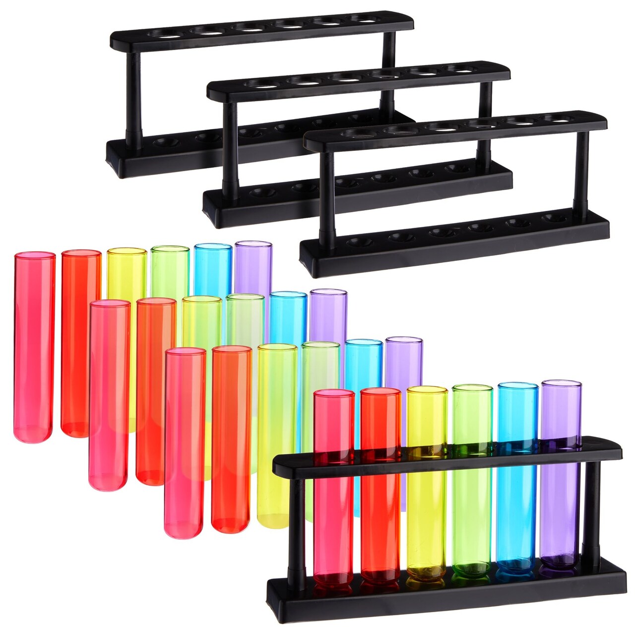 Juvale Test Tube Shot Glasses - Plastic Drink Test Tubes & Rack for Party Shots - Propagation Display & Science Demonstrations - 4 Pack, Multicolor, 1.5 oz